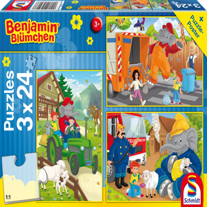 Schmidt Spiele 56207 Kinderpuzzle - Benjamin Blümchen - In Aktion - 3x24 Teile