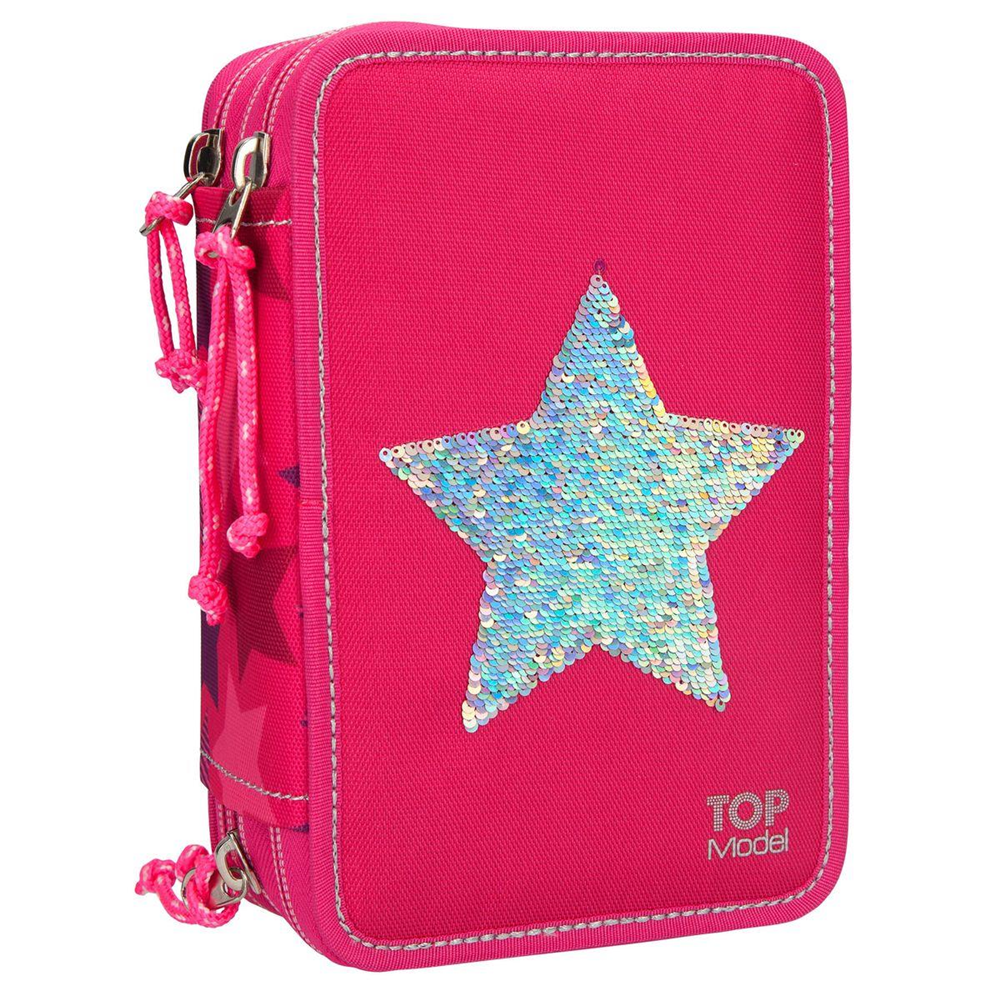 Depesche 10071 TOP Model - 3-fach Federtasche - Streichpailletten Stern - Pink