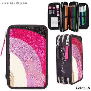 Depesche 10644 Ylvi and the Minimoomis - Federtaschen Regenbogen Glitzer Anthrazit 3-fach