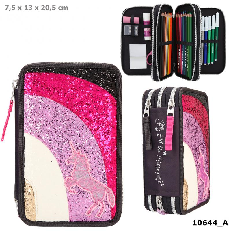 Depesche 10644 Ylvi and the Minimoomis - Federtaschen Regenbogen Glitzer Anthrazit 3-fach