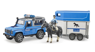 BRUDER 02588 Profi-Serie - Land Rover Defender Polizeifahrzeug mit Pferdeanhänger und 1 Pferd