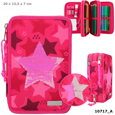 Depesche 10717 TOP Model - 3-fach Federtasche mit Streichpailletten - Motiv: Stern (Pink)