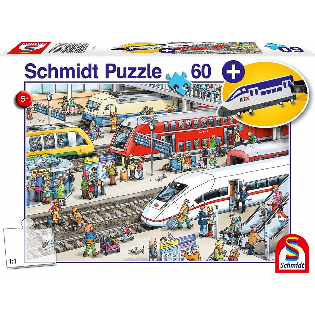 Schmidt Spiele 56328 Kinderpuzzle - Bahnhof inkl. Anhänger - 60 Teile