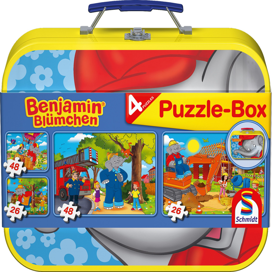 Schmidt Spiele 55594 Puzzle - Benjamin Blümchen im Metallkoffer - 2x26Teile - 2x48Teile