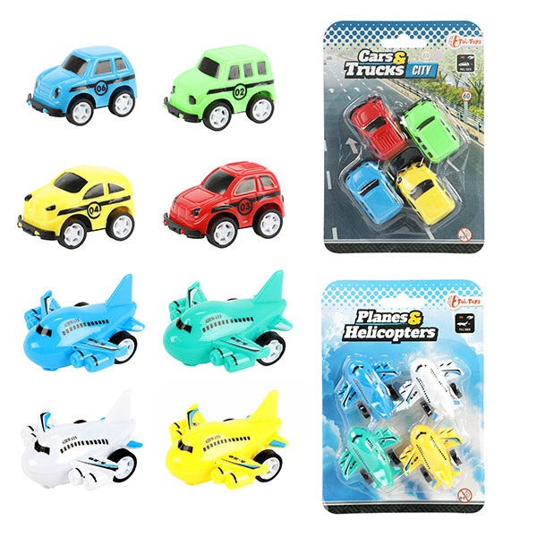 Toi-toys 26085Z Cars&Trucks - Flugzeug oder Auto - 4er Set - mit Rückzugsmotor - sortiert