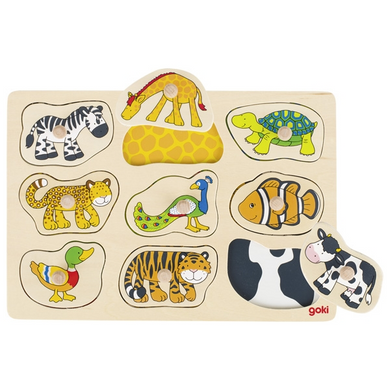 goki 57585 Holzpuzzle - Steckpuzzle - Mit Hintergrund - Was gehört zu wem?