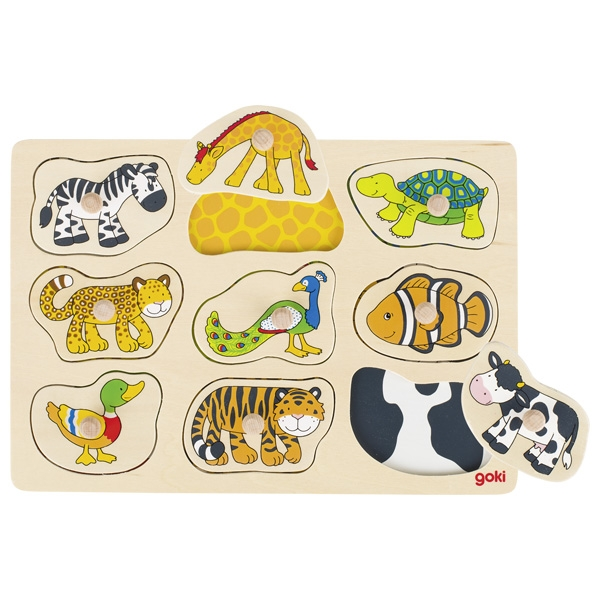 goki 57585 Holzpuzzle - Steckpuzzle - Mit Hintergrund - Was gehört zu wem?