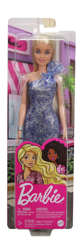 Mattel GRB32 Barbie - Glitzer Outfits - Blonde Puppe mit blauem Kleid