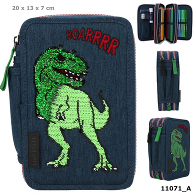 Depesche 11071 Dino World - 3-Fach Federtasche mit Pailletten (Blau)