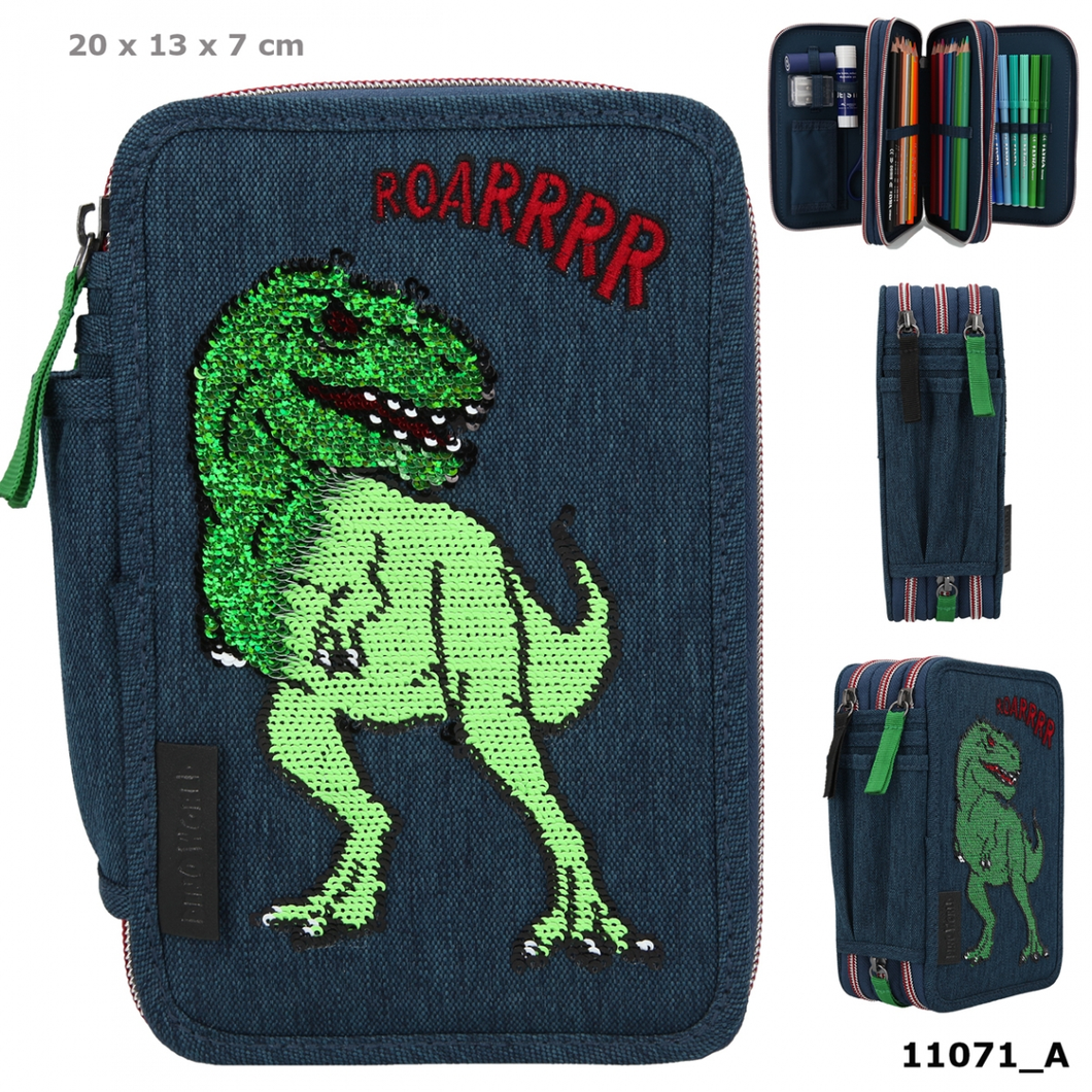 Depesche 11071 Dino World - 3-Fach Federtasche mit Pailletten (Blau)