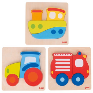 goki 57718 Holzpuzzle - Einlegepuzzle (Traktor - Boot - Feuerwehr)