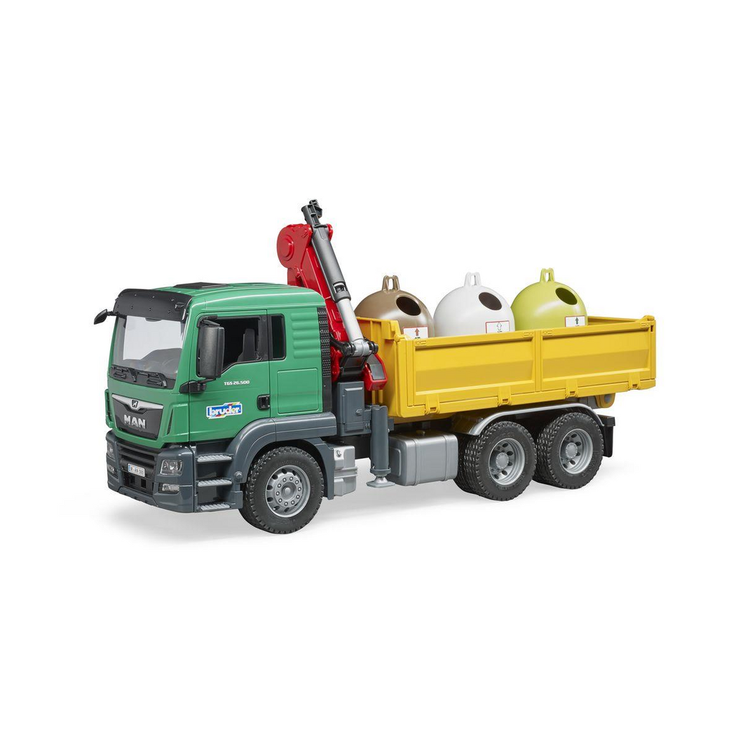 BRUDER 03753 Profi-Serie - MAN TGS Kran LKW mit 3 Altglascontainern und Flaschen